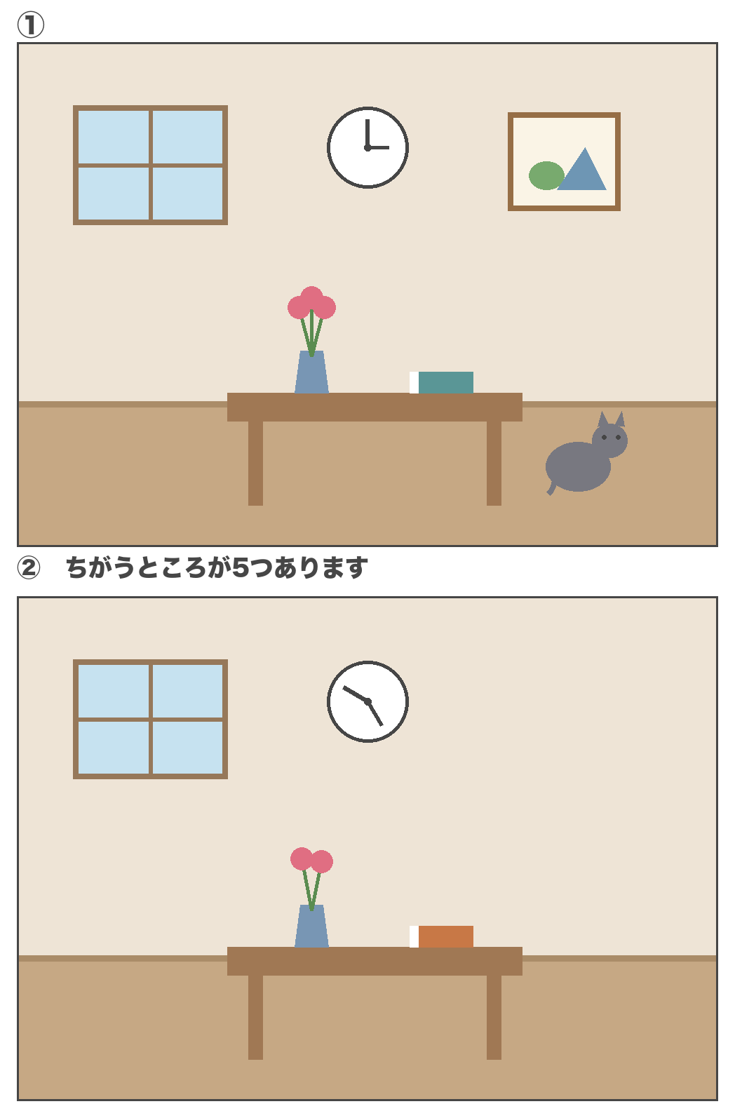 【間違い探し】おへやで脳トレ|5つのちがい・印刷用PDF無料
