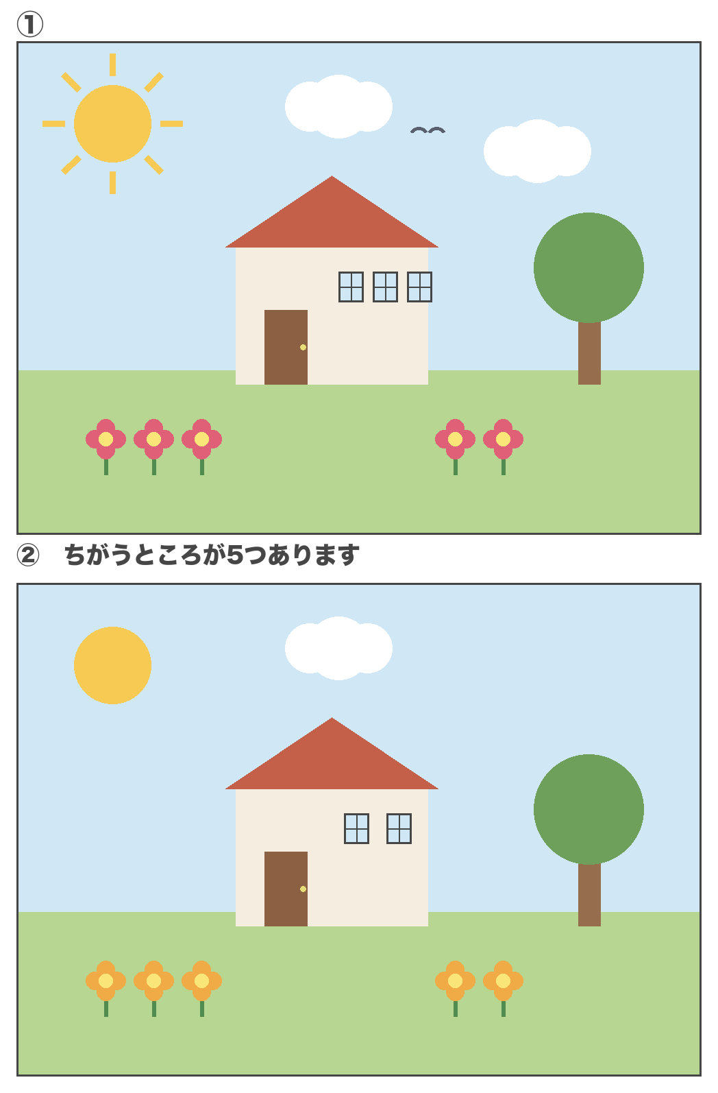 【間違い探し】家とお庭で脳トレ|5つのちがい・印刷用PDF無料 の問題画像